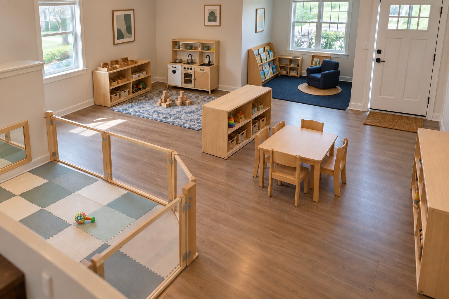 Dedicated mixed-age playroom with a transparent infant play divider, low shelves, blocks, child table, and reading area