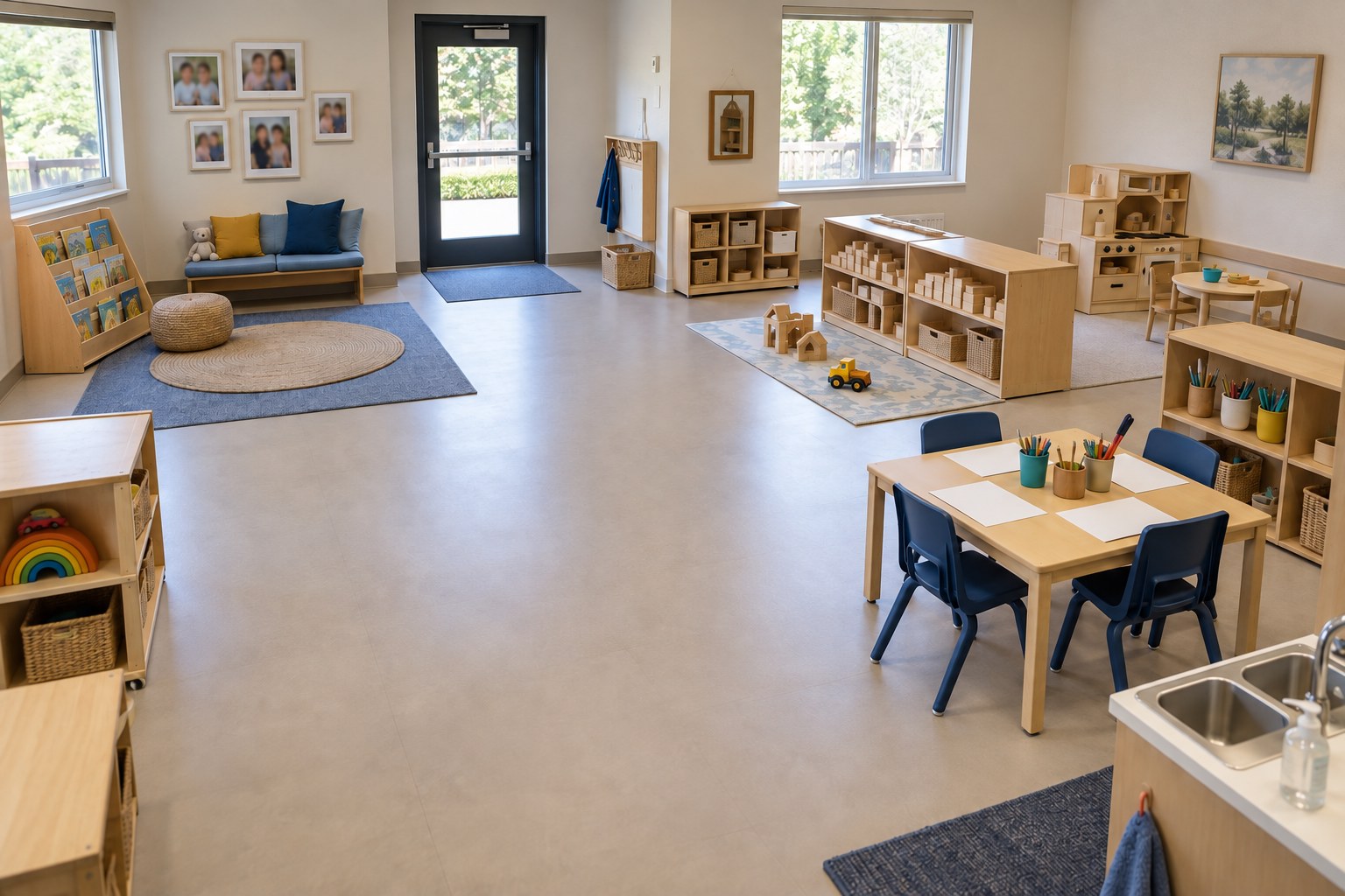 Preschool classroom with reading, block and pretend-play areas, accessible shelves, and an art table near cleanup