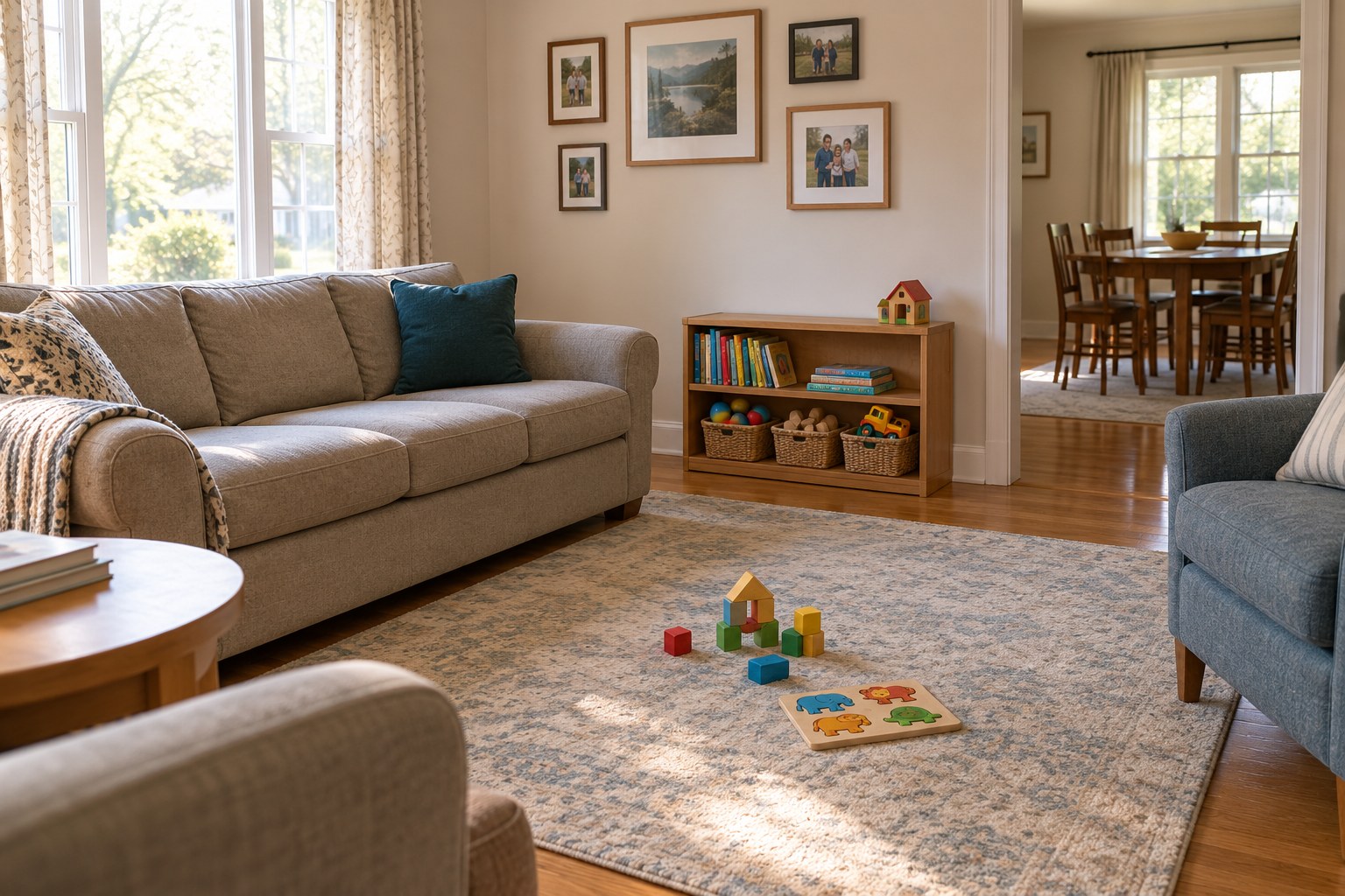 Family living room with an adult sofa and armchairs, a household dining area, low toy storage, and floor play